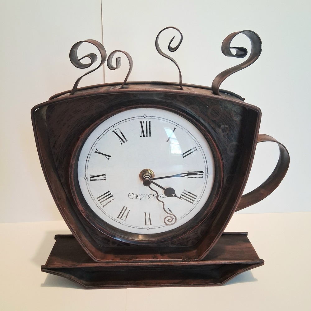 Bronze Metal Coffee Cup Wall Clock Home Decor Coffee Bar Kitchen Gift Tested EUC